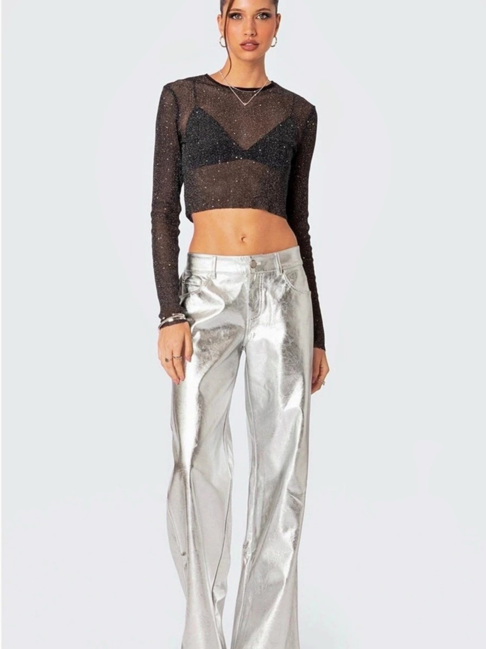 edikted Metallic Wide Leg Pants in Silver XL NWT